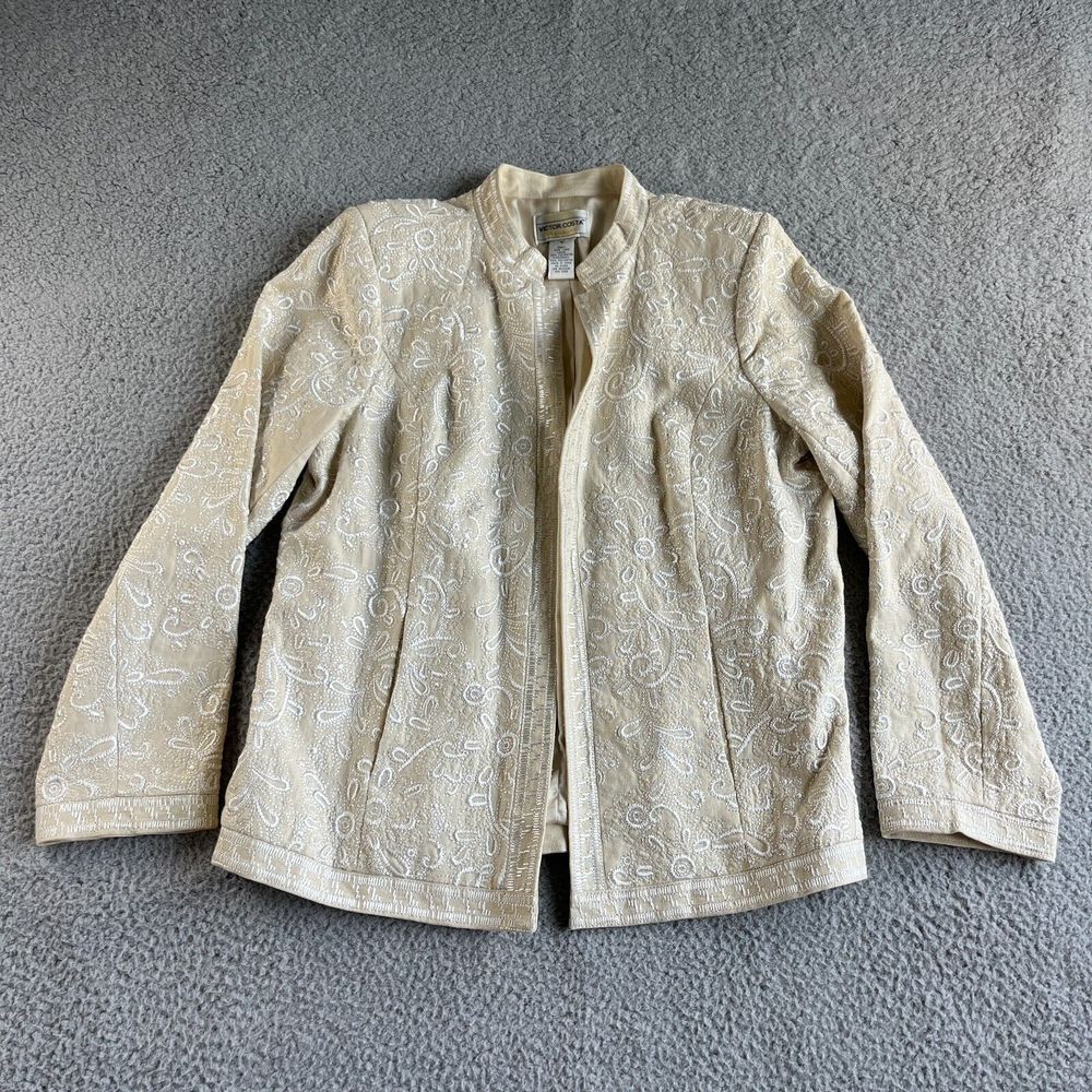 NEW Victor Costa Jacket Womens Medium Beige Blazer Linen Embroidered Floral Open